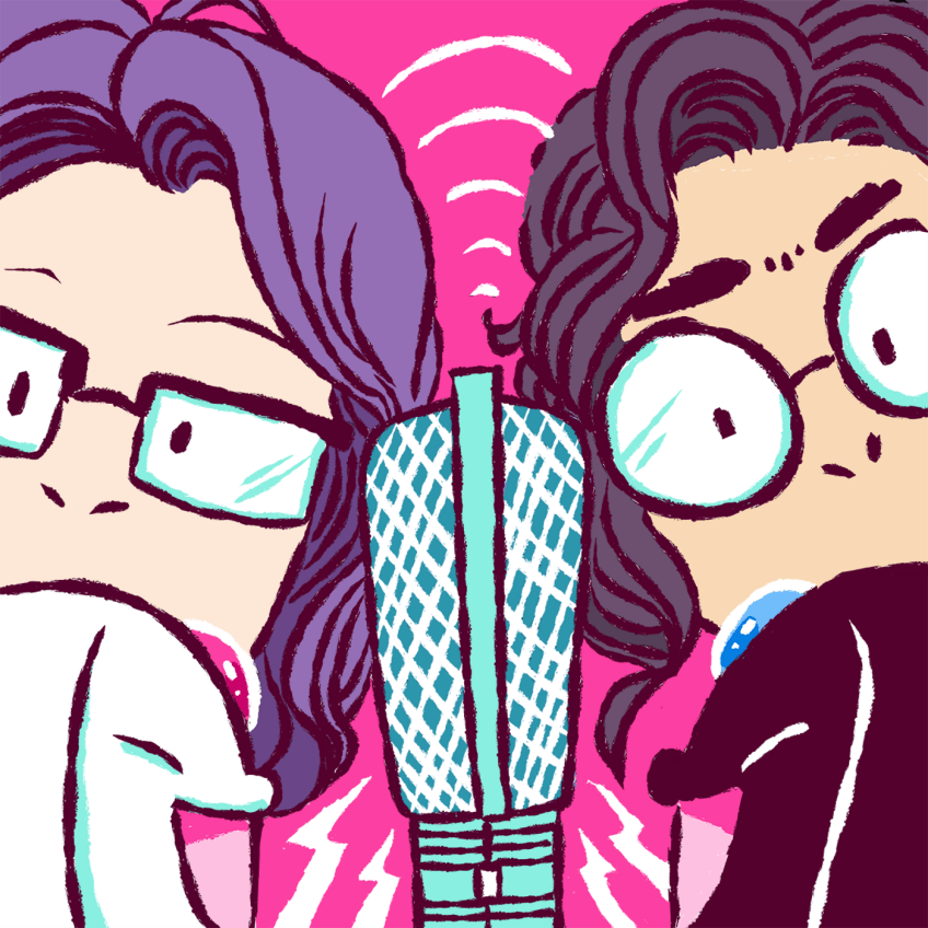 An illustration depicting the two hosts of CLAMPcast in Wonderland, with a mic between them, and a Mokona on each side.