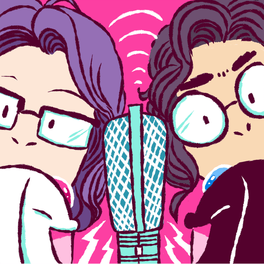 An illustration depicting the two hosts of CLAMPcast in Wonderland, with a mic between them, and a Mokona on each side.