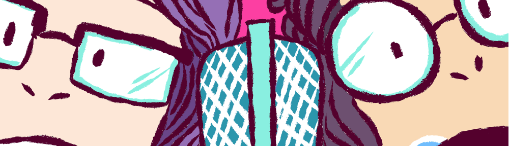 An illustration depicting the two hosts of CLAMPcast in Wonderland, with a mic between them, and a Mokona on each side.