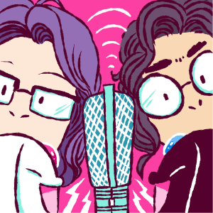 An illustration depicting the two hosts of CLAMPcast in Wonderland, with a mic between them, and a Mokona on each side.