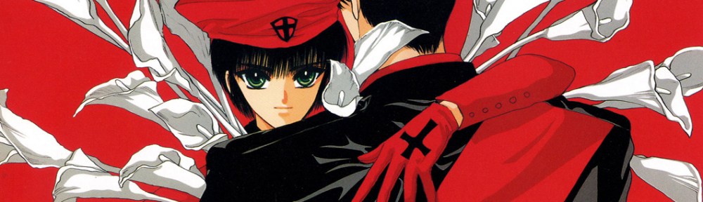 Image from CLAMP's Tokyo Babylon, of Saburu and Seishiro embracing, with Subaru facing the camera, looking at us over Seishiro's shoulder.