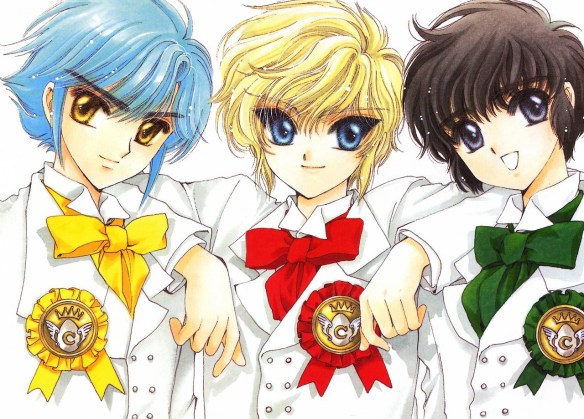 Three anime boys side by side, the middle one with his arms on the other two's shoulders. Art by CLAMP.