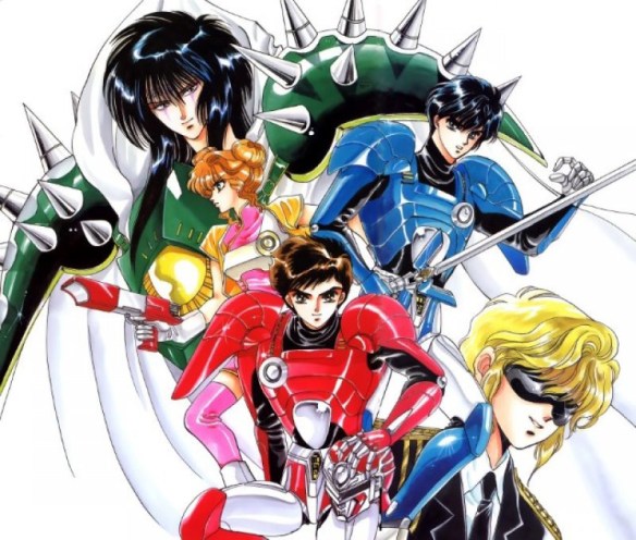 Image of various, primary colored figured in a actiony, sentai-style pose. Art by CLAMP.