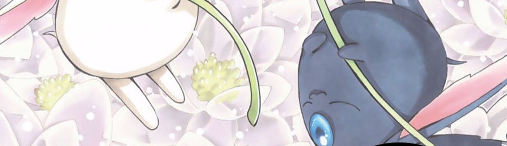 Title displayed with the CLAMPcast logo, with a background image of the two Mokonas (rabbit-like creatures, one black, one white) lying in a field of flowers.