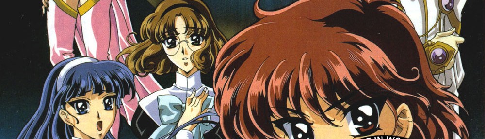 An image from the Rayearth OVA, featuring all three girls in their black school uniforms, with Alcyone, Clef, and Emeraude in the background. The CLAMPcast logo is overlayed, with the title of the episode: "Episode 54: Rayearth OVA".