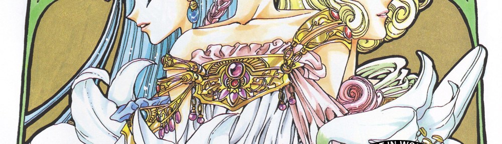 One of CLAMP's illustrations of the three Rayearth girls, with art-nouveau stylings. The CLAMPcast logo and episode title are overlayed, reading: "Episode 55: Rayearth Wrap-up!"