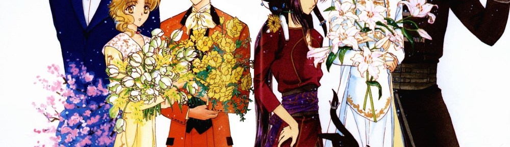 An illustration by CLAMP of the main characters from Wish, each holding a different type of flower.