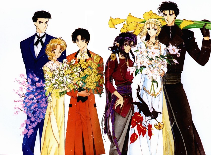 An illustration by CLAMP of the main characters from Wish, each holding a different type of flower.