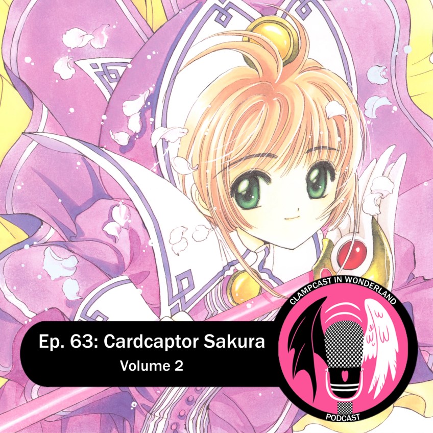 Illustration by CLAMP, for the second volume of Cardcaptor Sakura. Sakura is wearing a purple dress, a bit reminiscent of a sailor's uniform, with a white color and gloves. She is holding her wand, while cherry petals swirl around her.