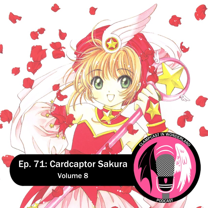 An illustration by CLAMP, from the cover of volume 8 of Cardcaptor Sakura. Sakura, a girl with short light-brown hair, is wearing a read outfit and smiling for the camera, while red petals fall around her. She's also holding her magic staff, with has a star at the top of it encased in a circle, with little wings on each side.