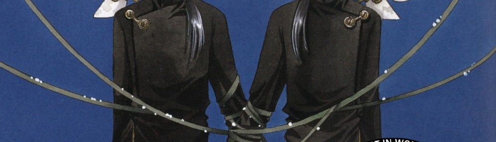 Illustration by CLAMP: two young men, identical twins, mirrors of each other, each with one mechanical wing each, and wires (or ribbons) wrapping their hands together. They stand side by side, facing the camera. Overlaid are the CLAMPcast logo and the episode title: Ep. 88 - Clover | Volume 4.