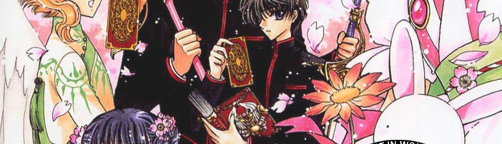 Illustration by CLAMP, of various of their popular characters from Cardcaptor Sakura, X, and Wish. Overlaid are the CLAMPcast logo and episode title.